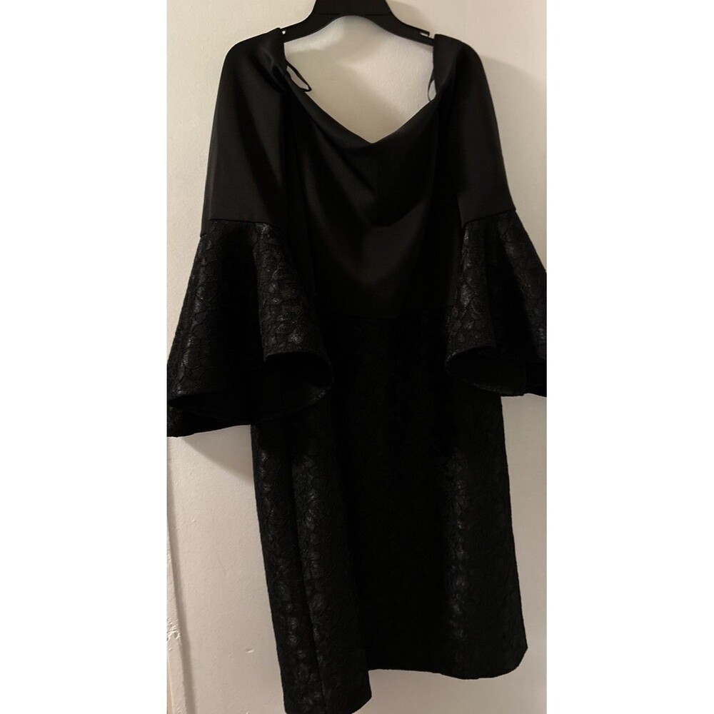 ELOQUII Women's Black Off /On Shoulder SZ 16 Lace Flare Bell Sleeve Scuba Dress